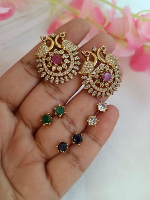 Dual Peacock AD Stones Interchangeable Ear Studs