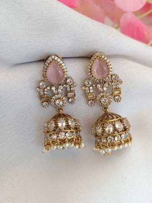 Victorian Polish Pink Stone and AD Stones Jhumkas