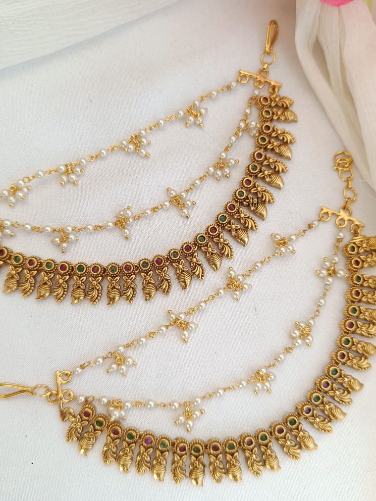 Matte Finish Kemp and Pearls Layered Ear Chains