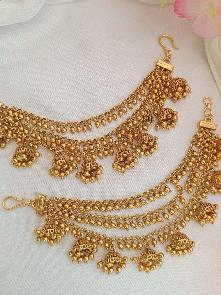 Gold Polish Three Layers Ear Chains with Jhumkas