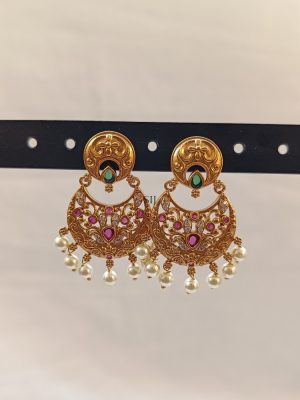 Multi Color Stones Chand Bali Design Earrings with Pearls