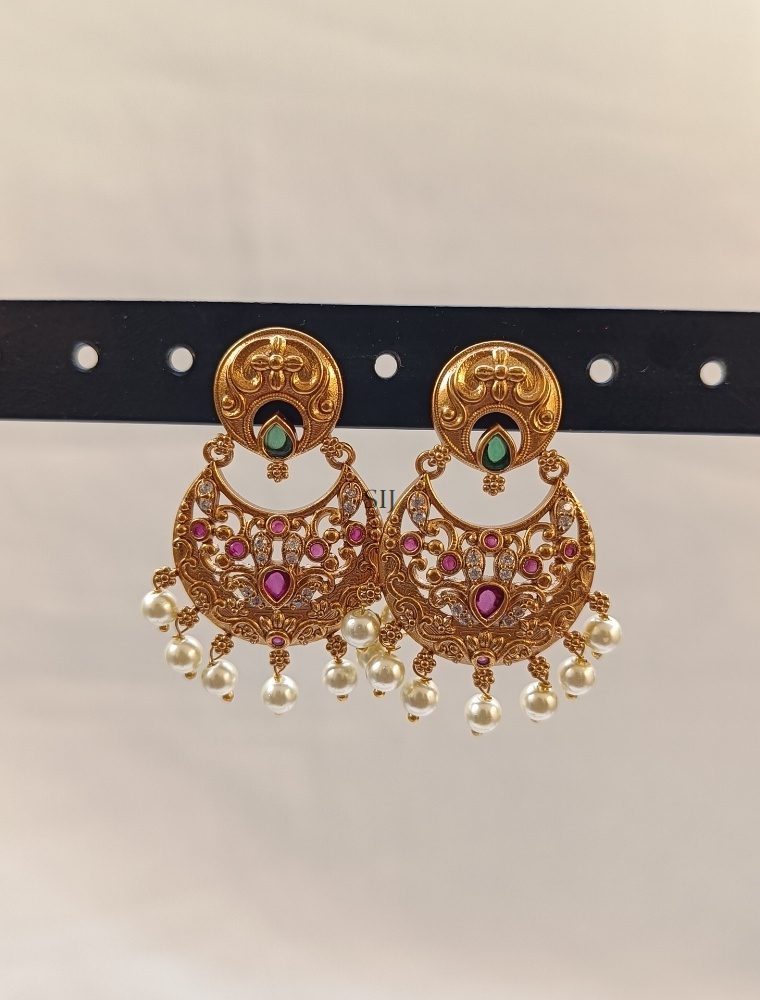 Multi Color Stones Chand Bali Design Earrings with Pearls