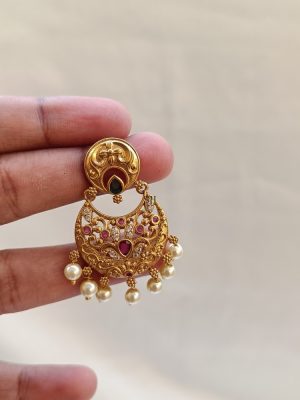 Multi Color Stones Chand Bali Design Earrings with Pearls