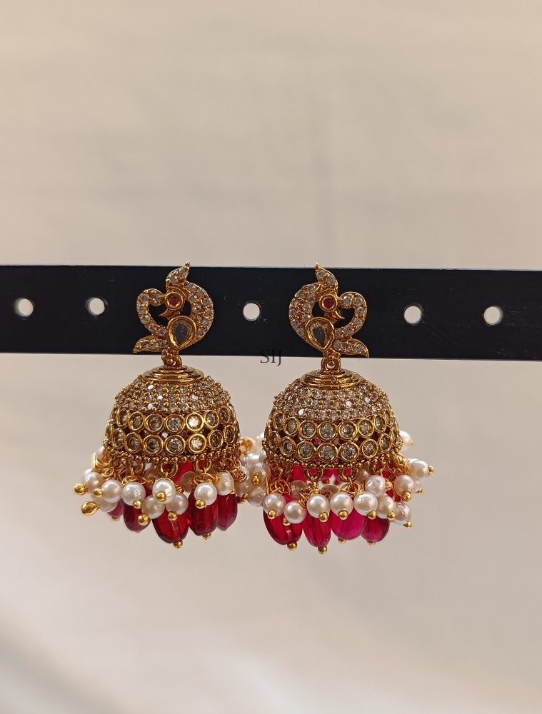 Traditional Peacock Design Red and White Stones Jhumkas