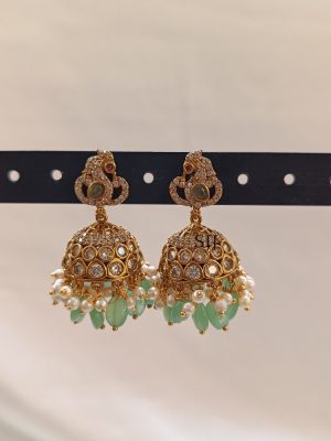 Imitation Light Green White Stones Jhumkas