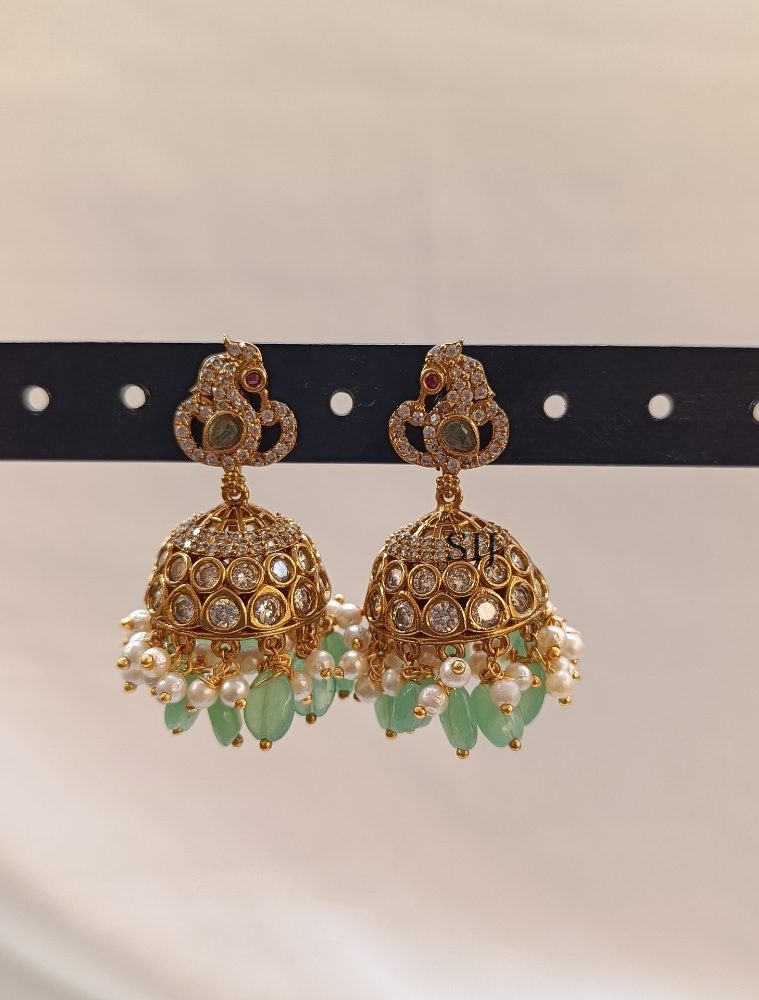 Imitation Light Green White Stones Jhumkas