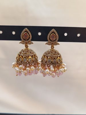 Artificial Light Pink White Stones Jhumkas