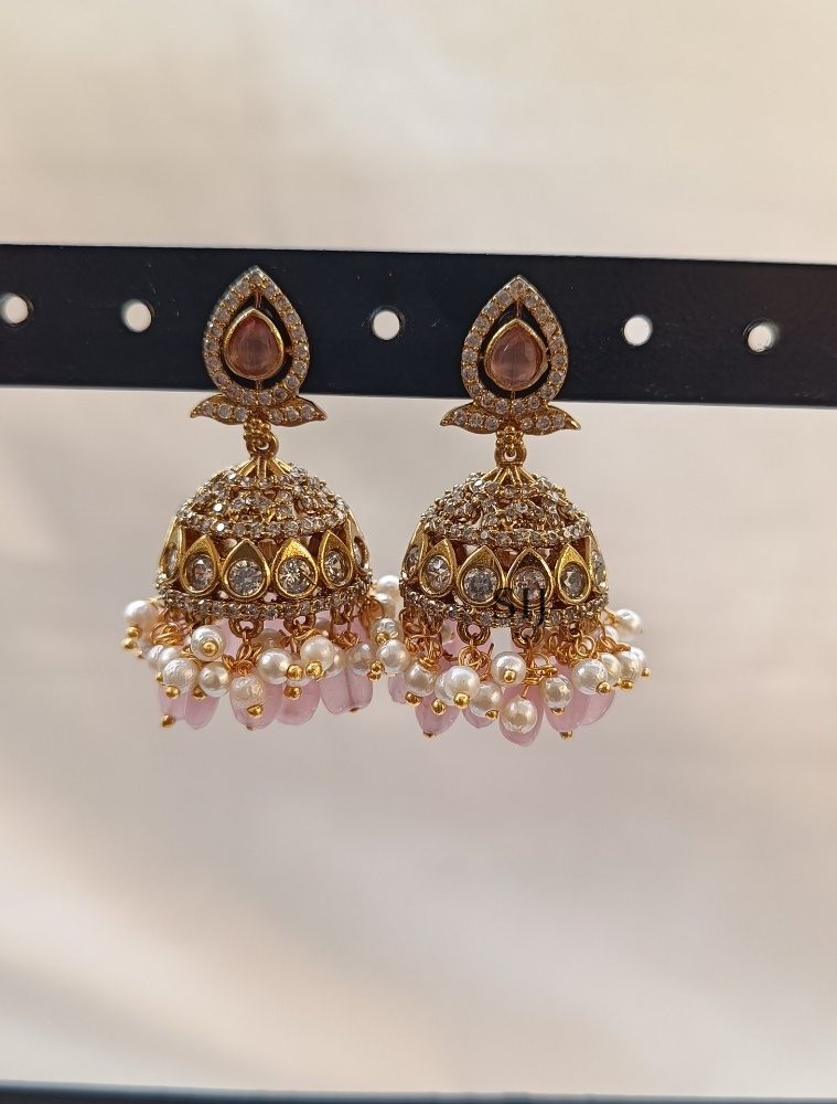 Artificial Light Pink White Stones Jhumkas