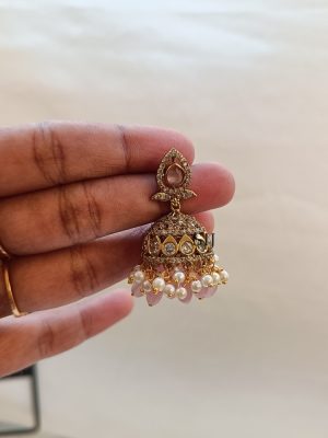 Artificial Light Pink White Stones Jhumkas