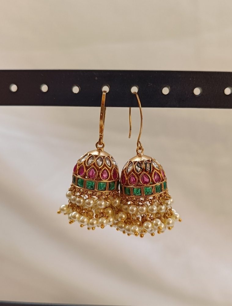 Traditional Hook Drop Ruby And Emerald Jhumkas