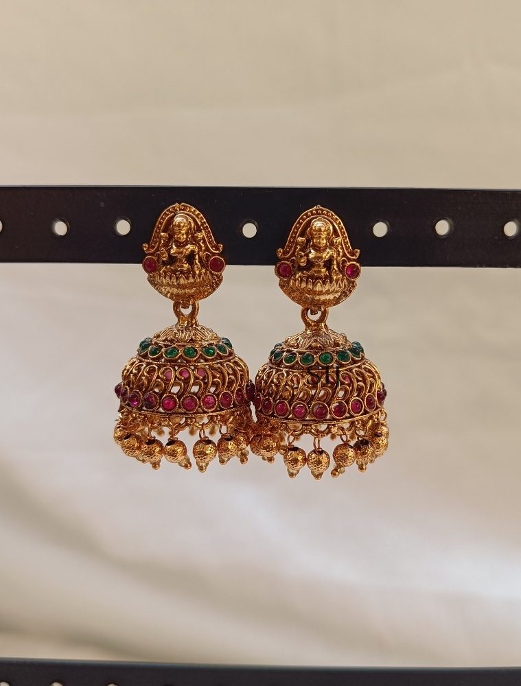 Traditional Lakshmi Ruby And Emerald Jhumkas