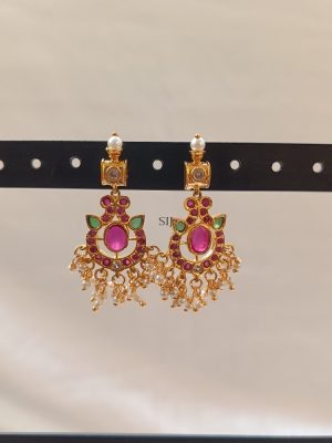 Gold Plated Multi Color Stones Earrings with Pearls Hangings