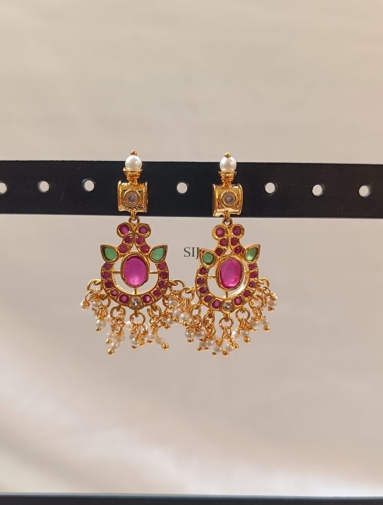 Gold Plated Multi Color Stones Earrings with Pearls Hangings
