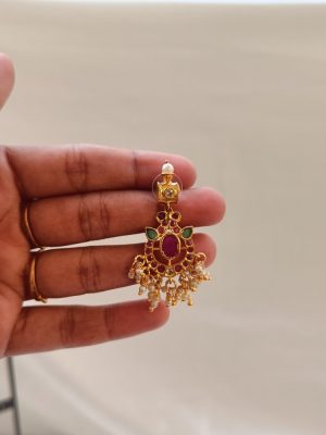 Gold Plated Multi Color Stones Earrings with Pearls Hangings