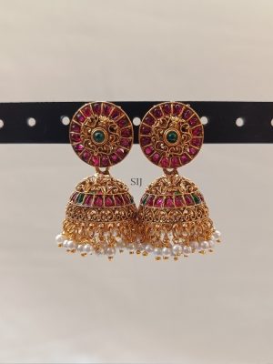 Antique Finish Kemp Stones Jhumkas with Pearls Hangings