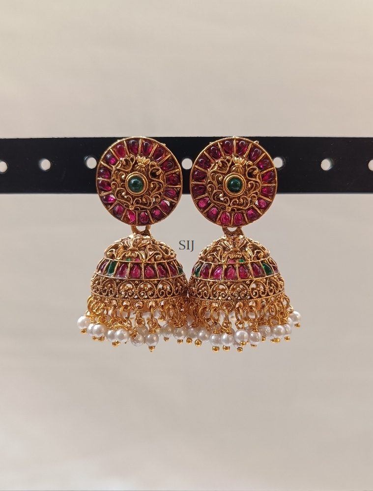 Antique Finish Kemp Stones Jhumkas with Pearls Hangings