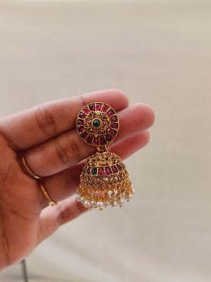 Antique Finish Kemp Stones Jhumkas with Pearls Hangings