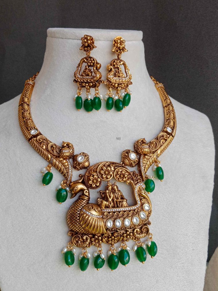 Antique Finish Radha Krishna in Peacock Pendant Necklace Set