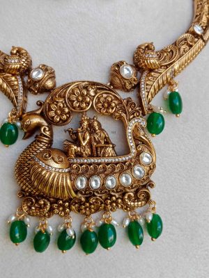 Antique Finish Radha Krishna in Peacock Pendant Necklace Set