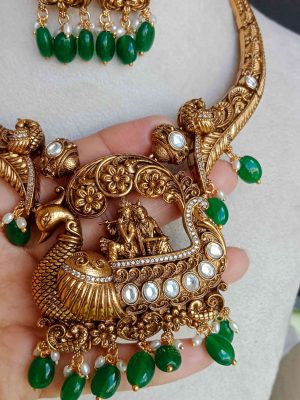 Antique Finish Radha Krishna in Peacock Pendant Necklace Set