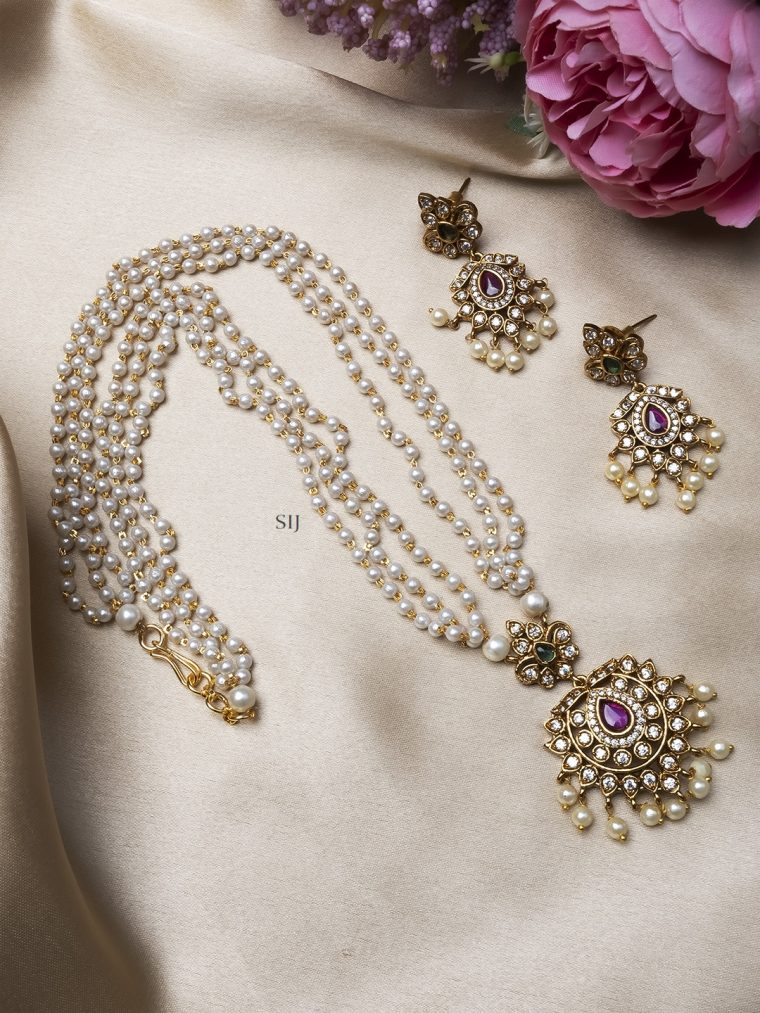 Artificial AD Studded White Pearl Mala Haram Set