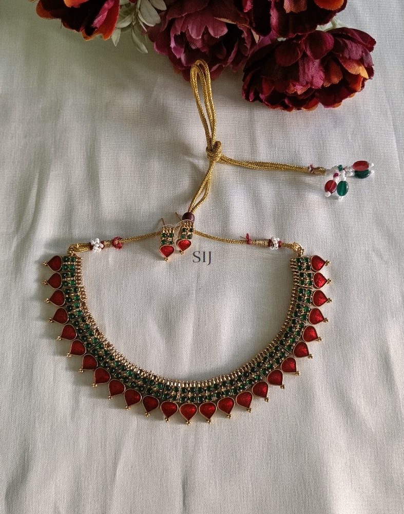 Artificial Pink &Green Stone Kerala Style Necklace Set