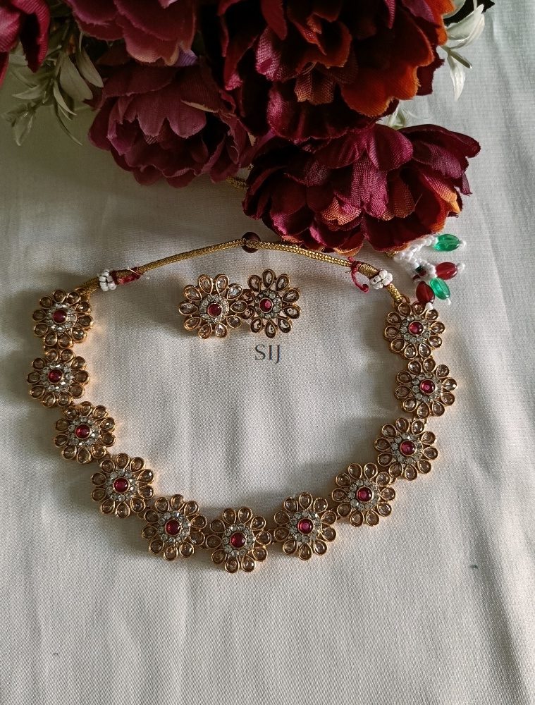 Artificial Pink &White Stone Necklace Set