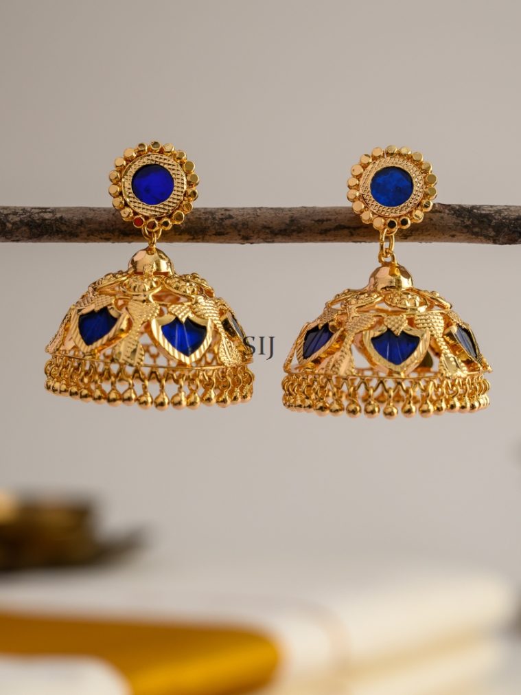 Blue Stone Studded Kerala Style Palakka Jhumkas