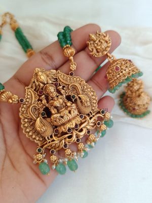 Dual Peacock with Lakshmi Beads Drop Long Haaram Set