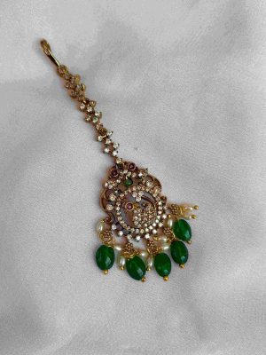 Emerald Beads Drop Victorian Peacock Maang Tikka