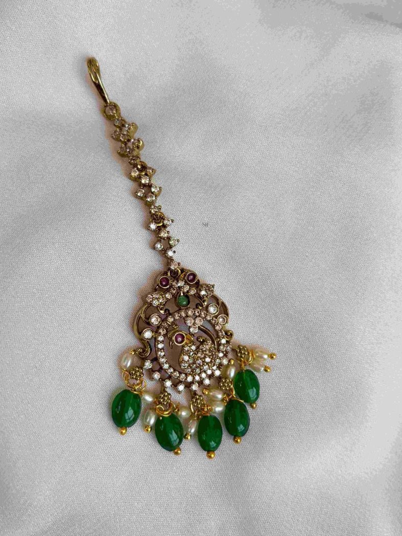 Emerald Beads Drop Victorian Peacock Maang Tikka