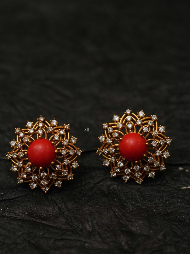 Floral Motif Zicron &Coral Stone Ear Studs