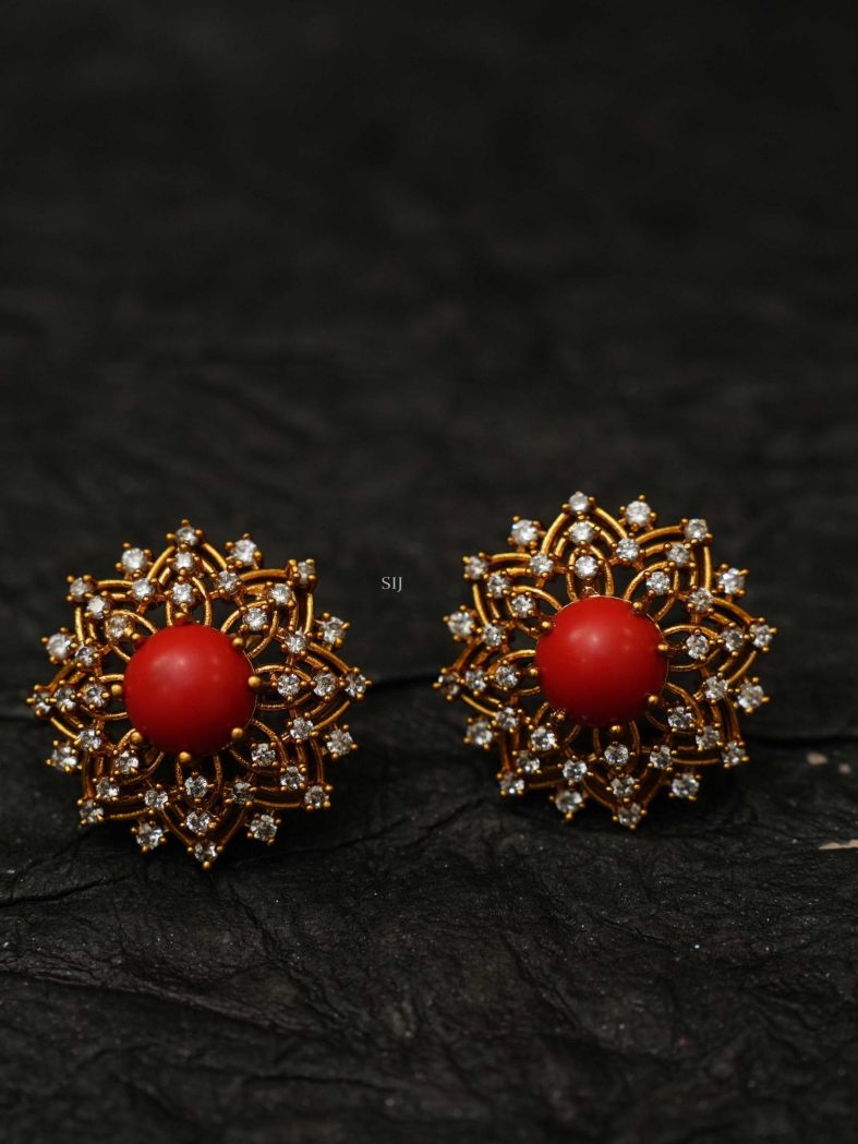 Floral Motif Zicron &Coral Stone Ear Studs