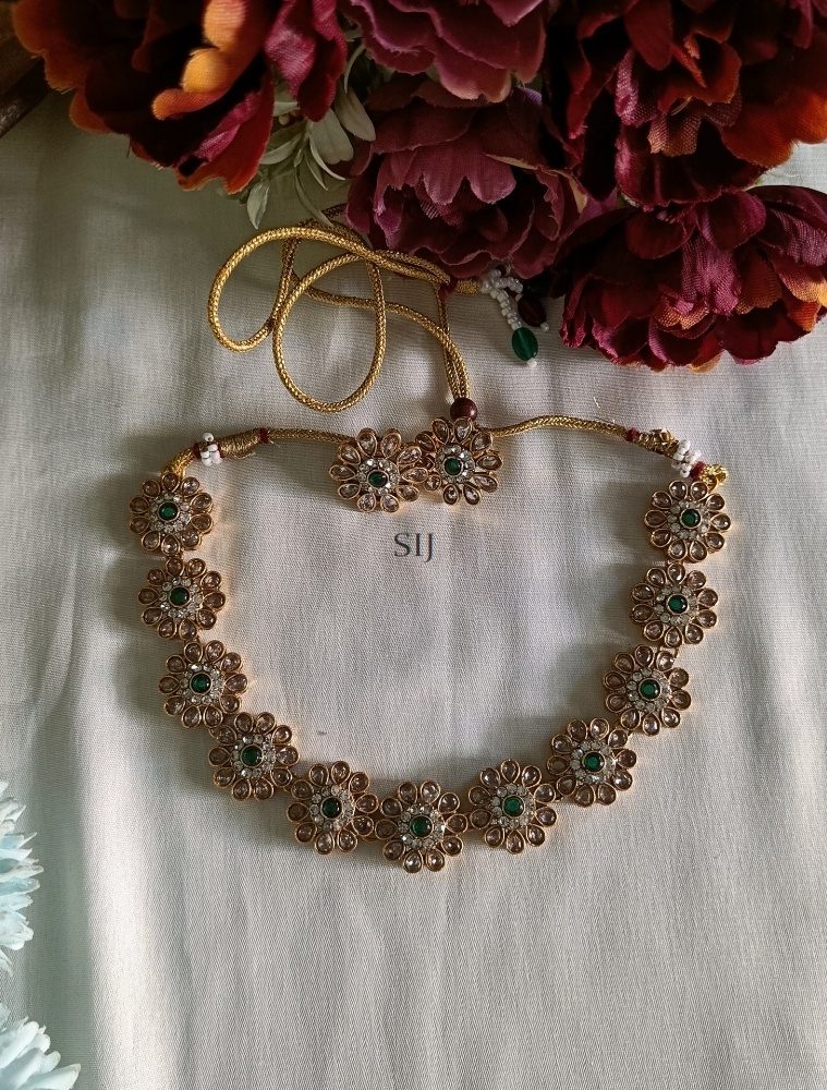 Flower Design Green &White Stone Necklace Set