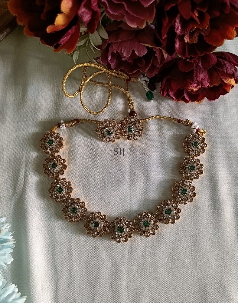 Flower Design Green &White Stone Necklace Set