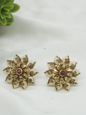 Flower Design White Golden Ear Studs