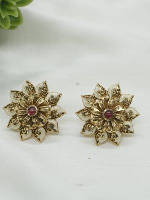 Flower Design White Golden Ear Studs