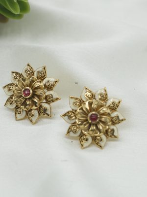 Flower Design White Golden Ear Studs