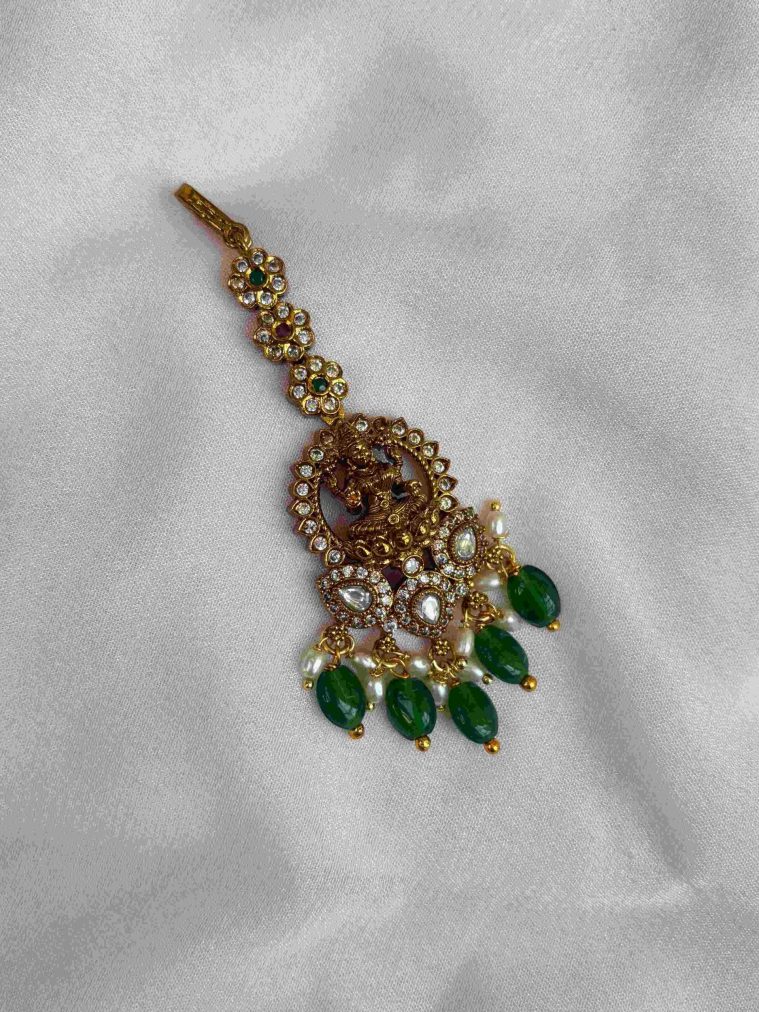 Goddess Lakdmi with Emerald Bead Drops Maang Tikka