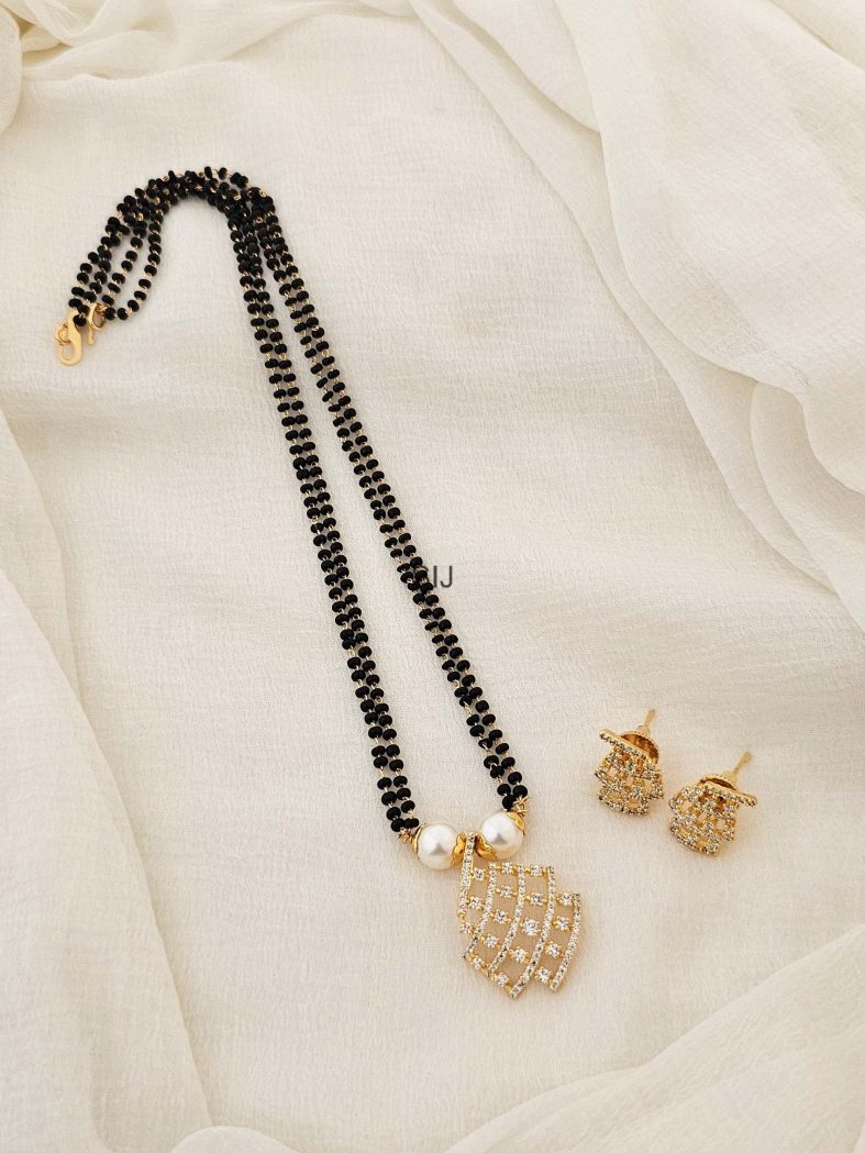 Gold Finish Black Beads CZ Stone Pendant Mangalsutra Set