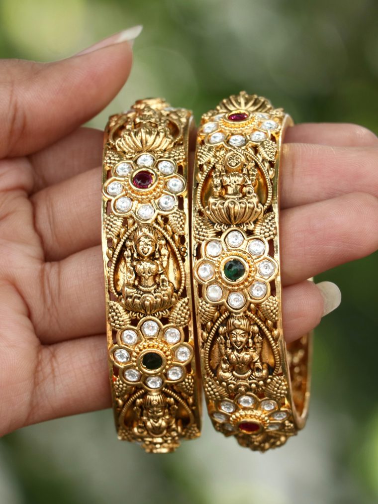 Gold Finish Flower &Lakshmi Motif Bangles