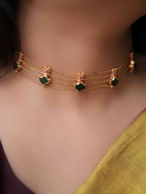 Gold Finish Green Emerald Stone Choker Set