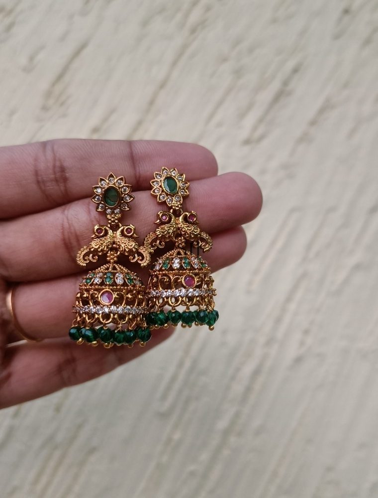 Gold Finish Multi Stone Jhumkas