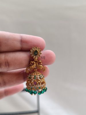 Gold Finish Multi Stone Jhumkas