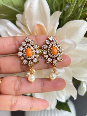 Gold Finish Orange Stone Pearl Drop Earrings