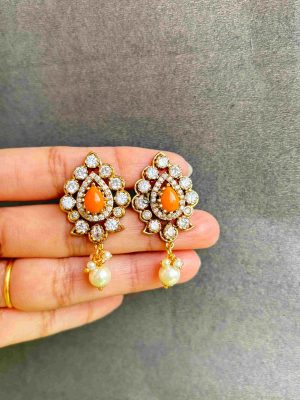 Gold Finish Orange Stone Pearl Drop Earrings