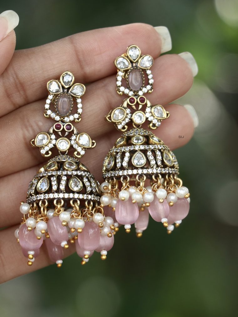 Gold Finish Pink Beads &Pearl Drop Rivaayat Jhumkas