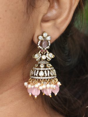 Gold Finish Pink Beads &Pearl Drop Rivaayat Jhumkas