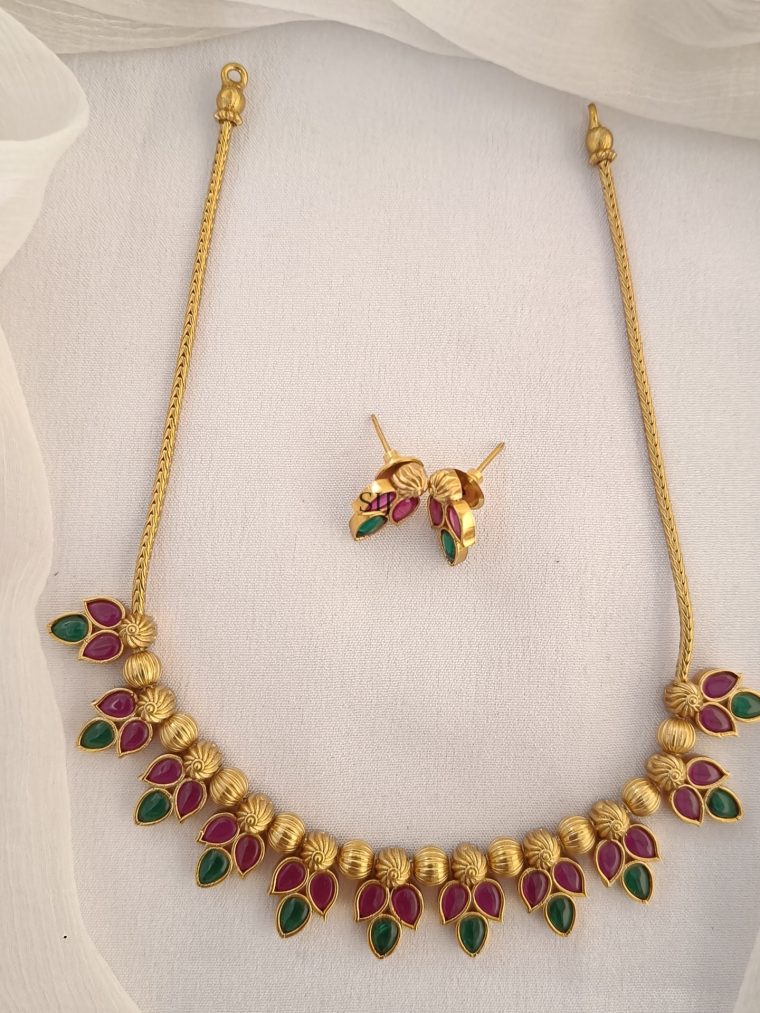 Gold Finish Pink &Green Kemp Necklace