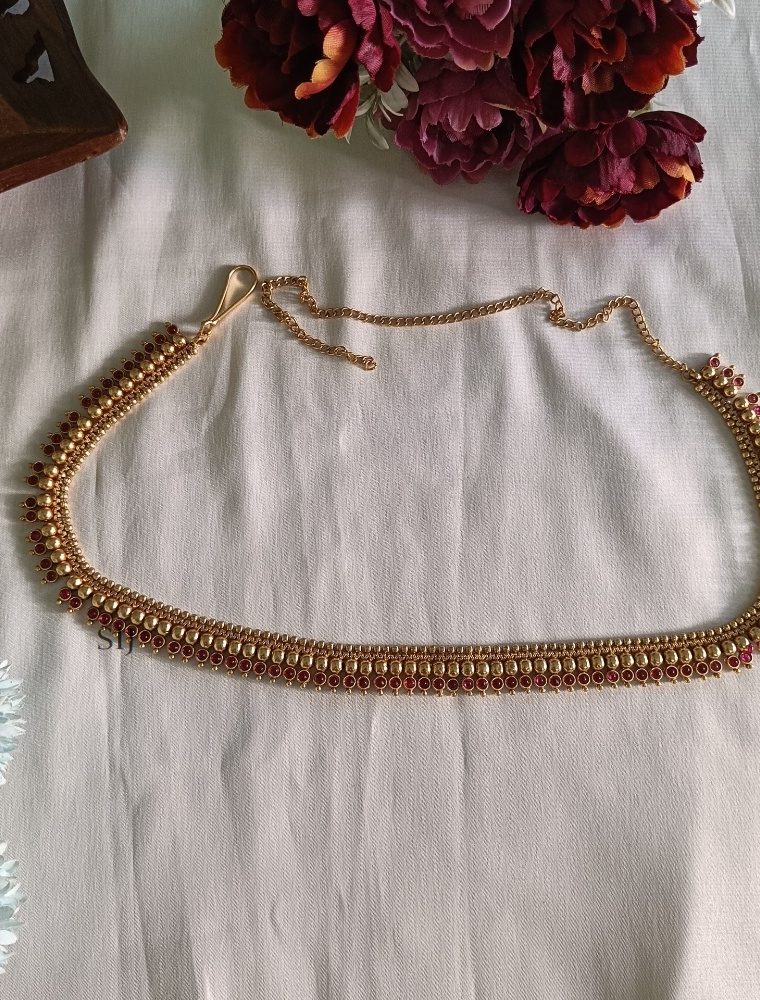 Gold Finish Round Pink Stone Hip Chain